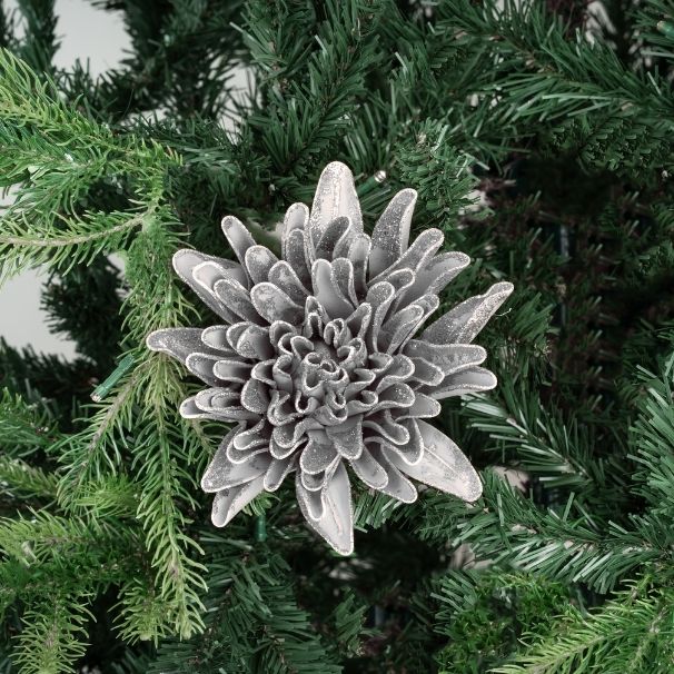 Silver Glitter Dahlia Flower Ornament 8"