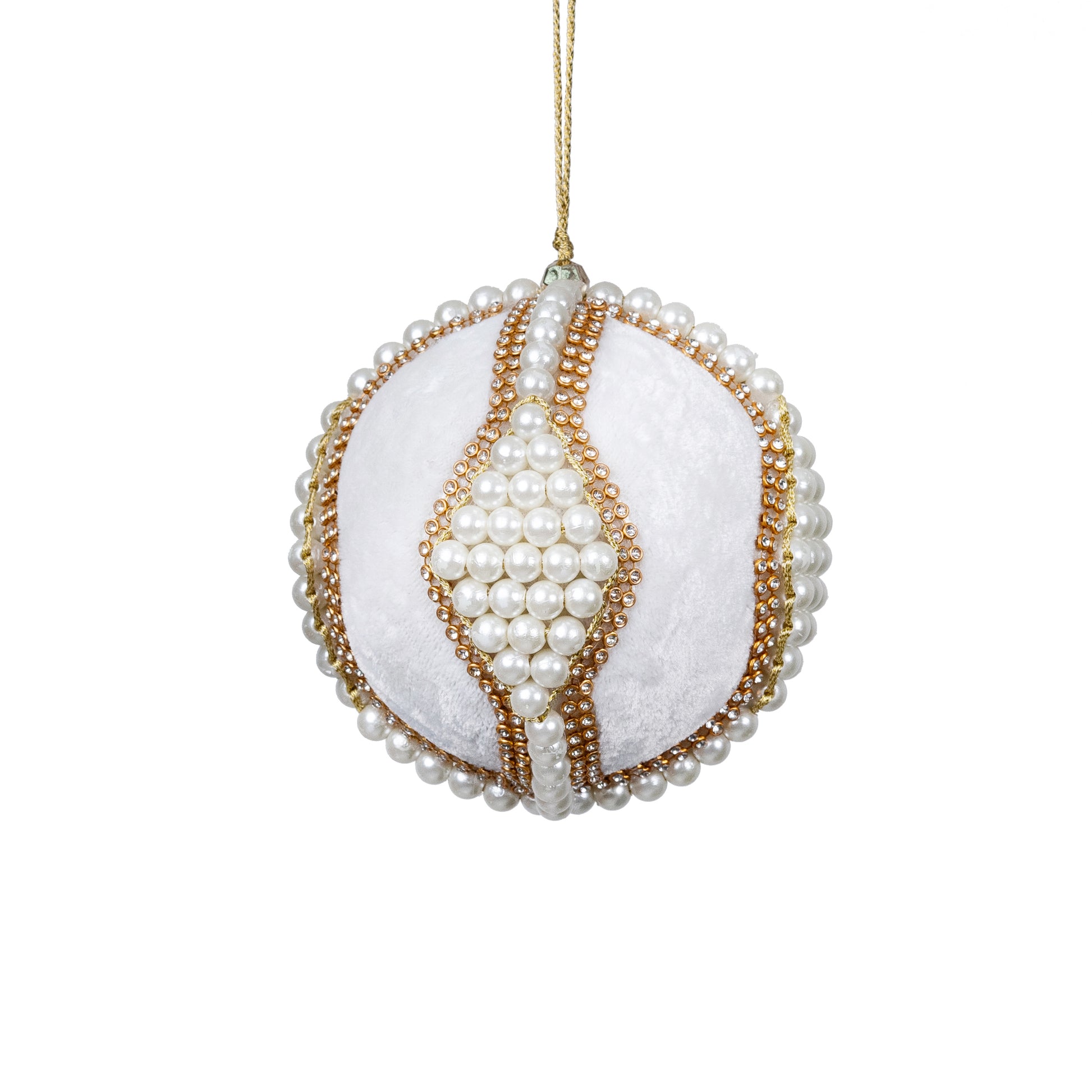 White Velvet Ball Ornament with Pearls White