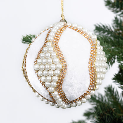 White Velvet Ball Ornament with Pearls White