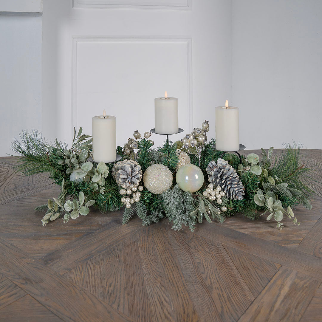 Foliage Candle Holder with White Berries & Pinecones Natural