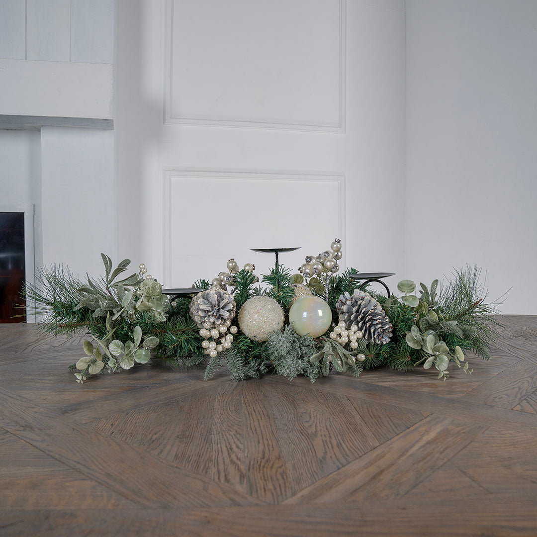 Foliage Candle Holder with White Berries & Pinecones Natural