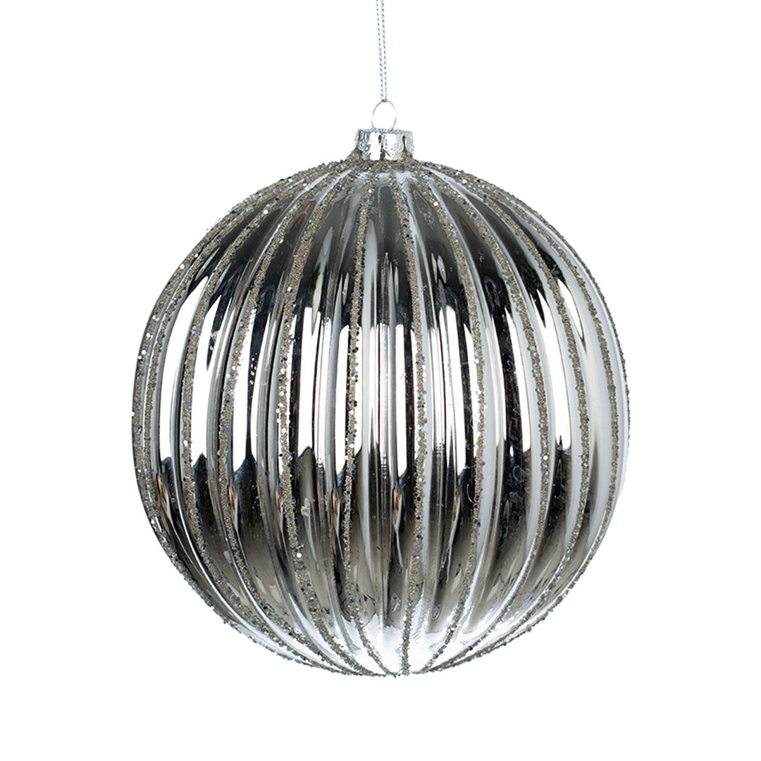 Silver Mirror Ribbed Ball Ornament 6"