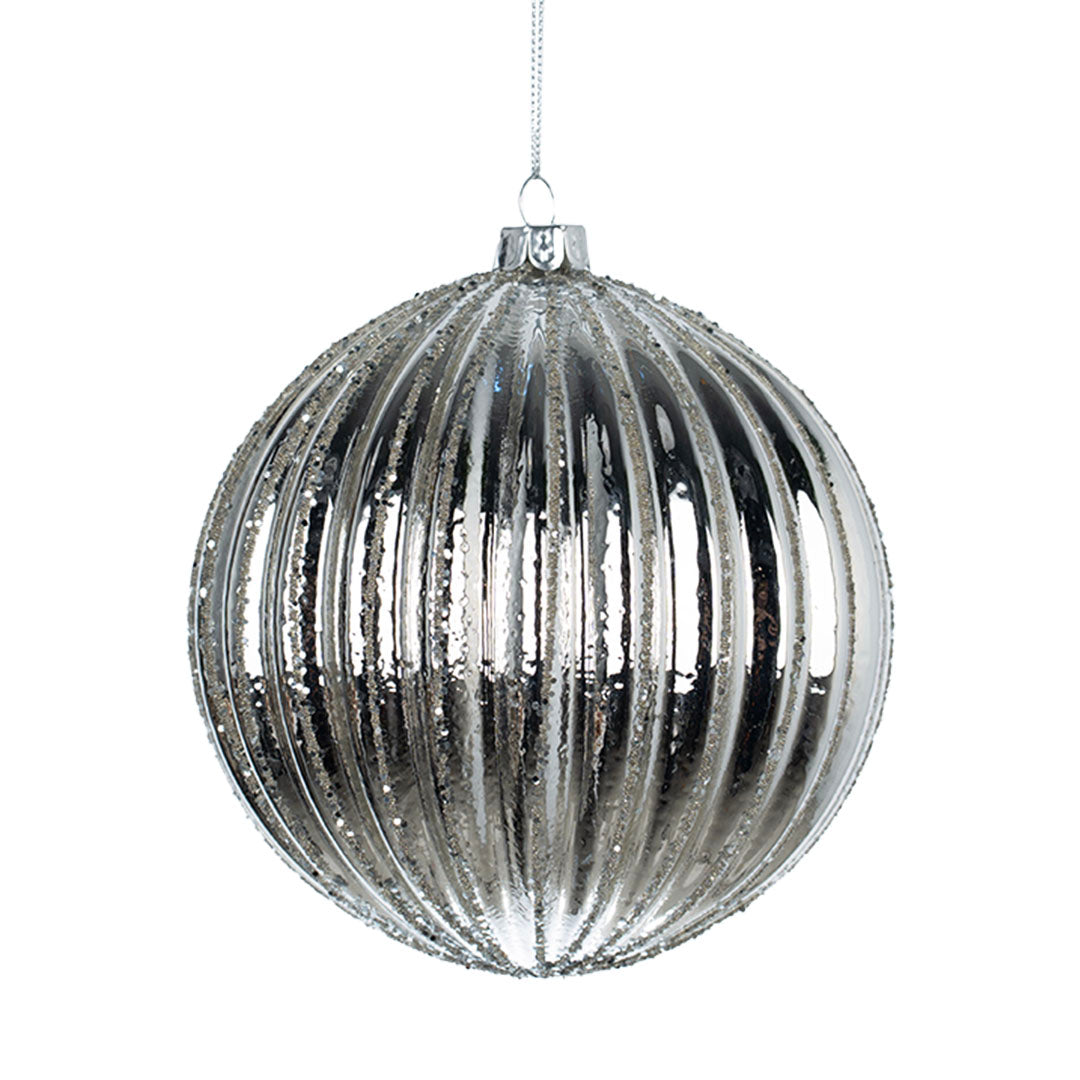 Silver Mirror Ribbed Ball Ornament 5"