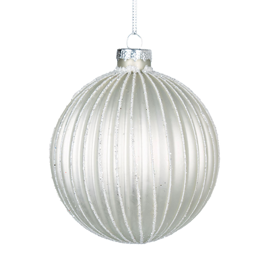 White Ribbed Ball Ornament with White Glitter 5"