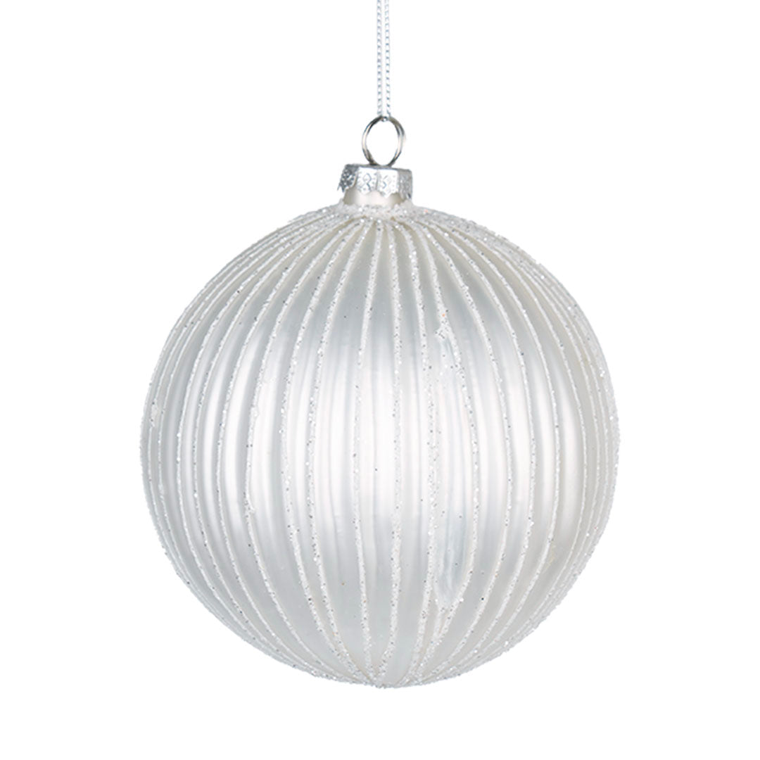 White Ribbed Ball Ornament with White Glitter 4"