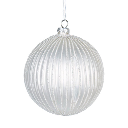 White Ribbed Ball Ornament with White Glitter 4"