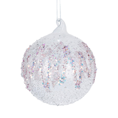 Clear Crystal Ball Ornament with Pink detailed Sugar Beads Pink