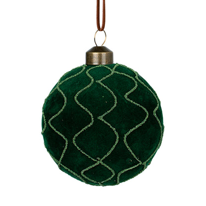 Green 3" Velvet Ball Ornament with Glitter Details Green