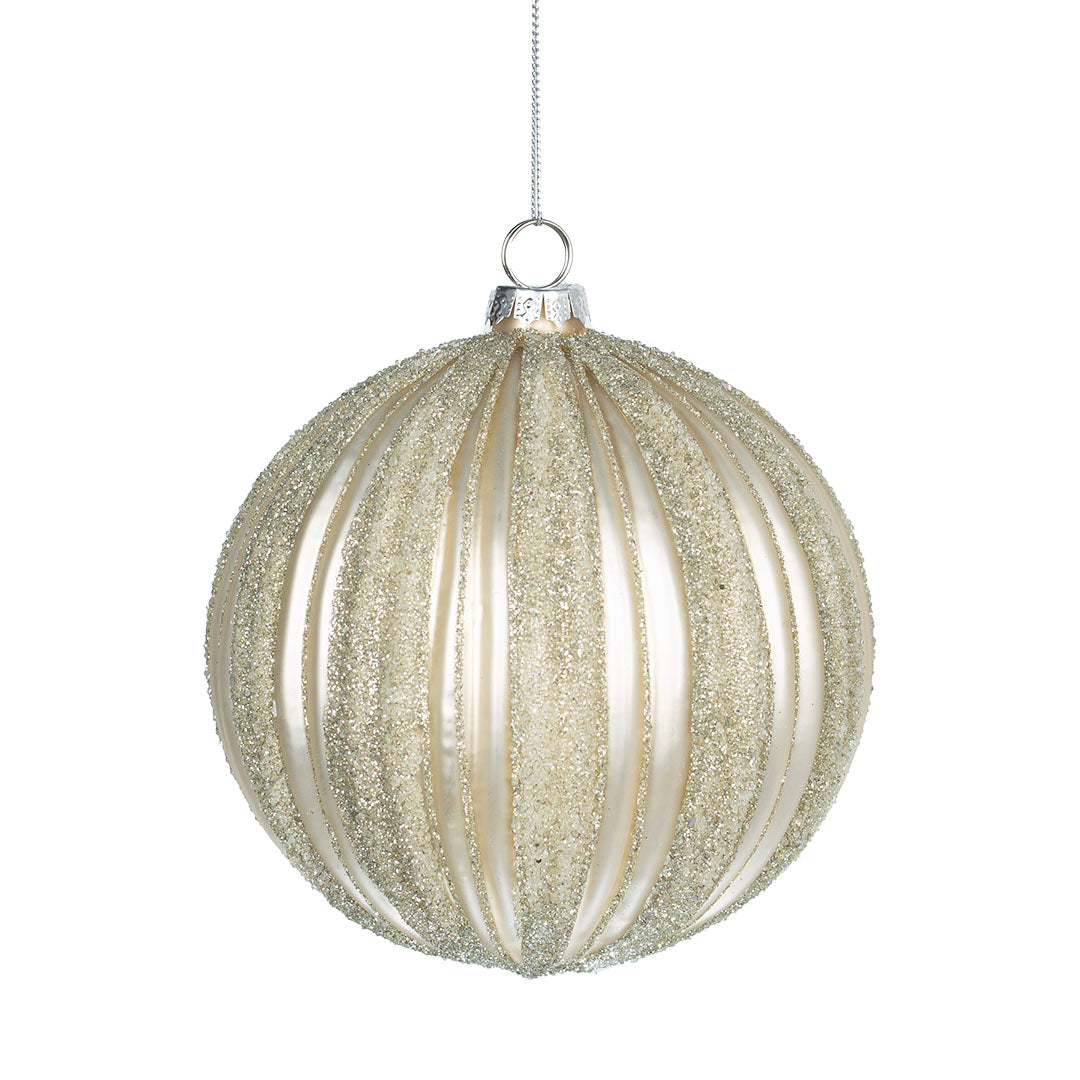 Champagne Ribbed Ball Ornament with Glitter Champagne