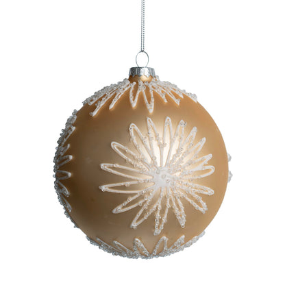 Matte Champagne Ball Ornament with White Glitter Blooms Champagne