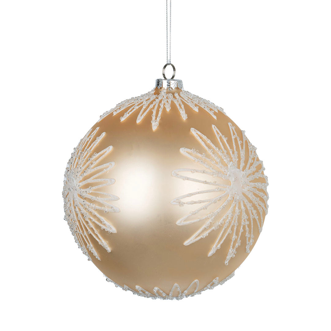 Matte Champagne Ball Ornament with White Glitter Blooms Champagne