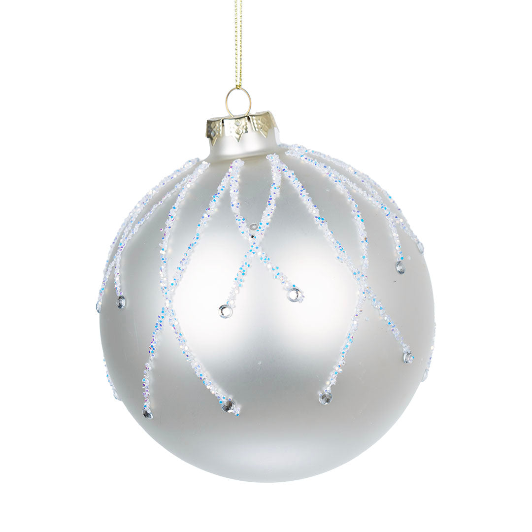 Matte White Ball Ornament with Iridescent Glitter 5"