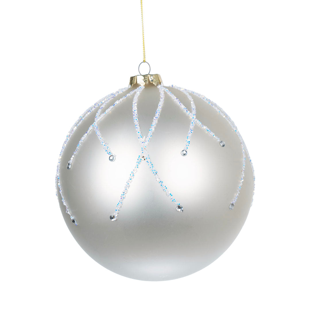 Matte White Ball Ornament with Iridescent Glitter 6"