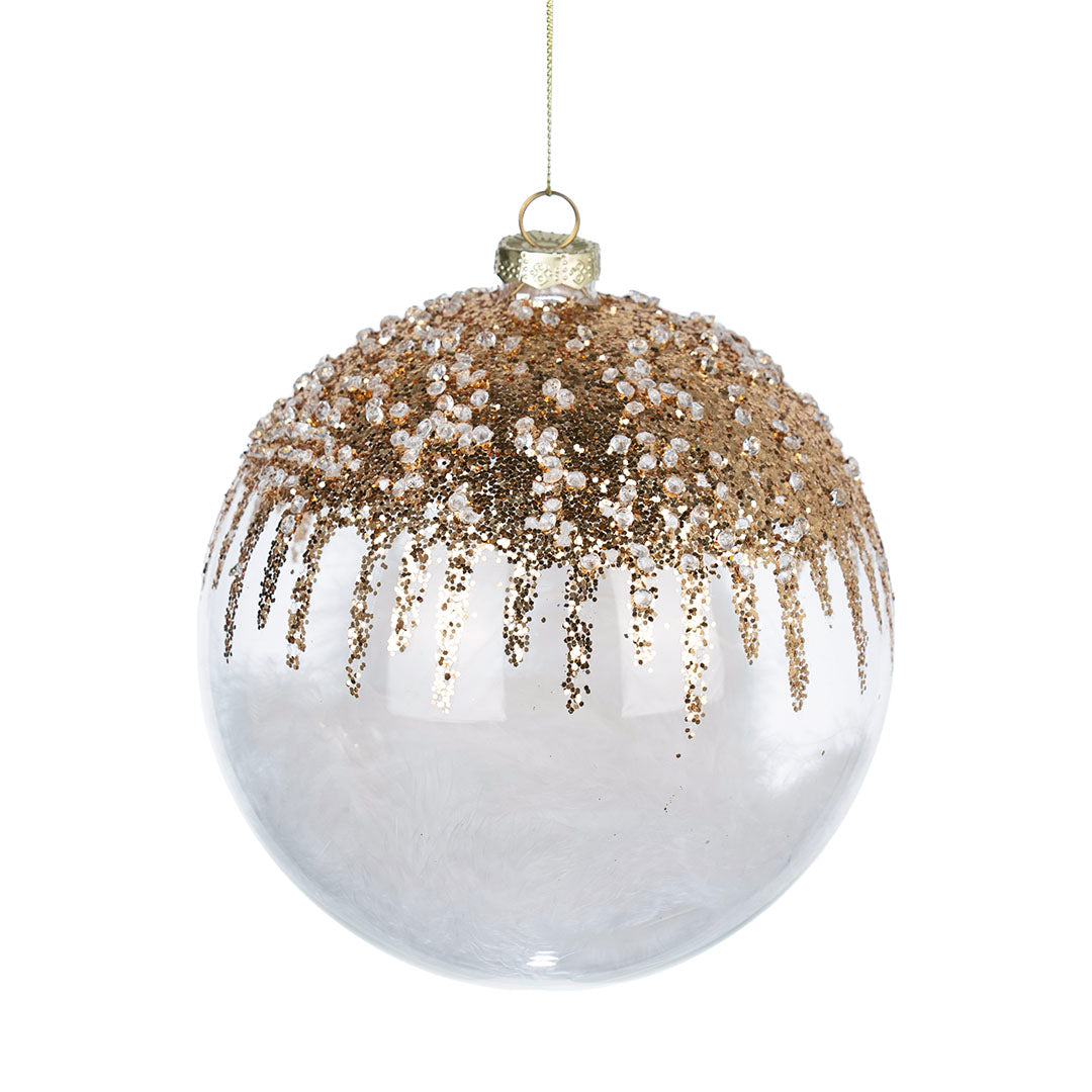 Clear Ball Ornament with Feather & Champagne Glitter 6"