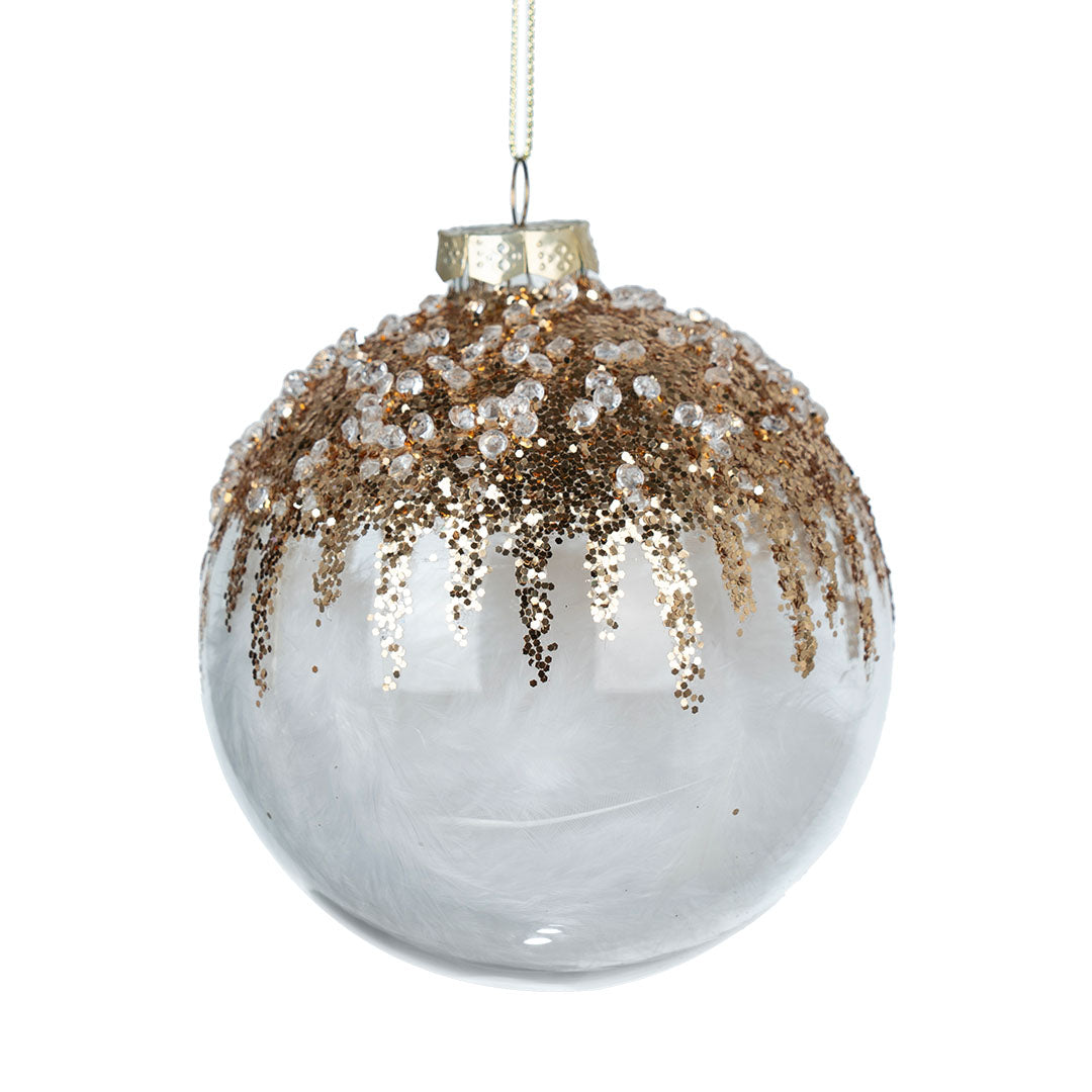 Clear Ball Ornament with Feather & Champagne Glitter 4"