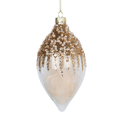 Clear Finial Ornament with Feather & Champagne Glitter Clear