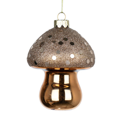 Mirrored Brown Mushroom Festive Ornament with Glitter Brown