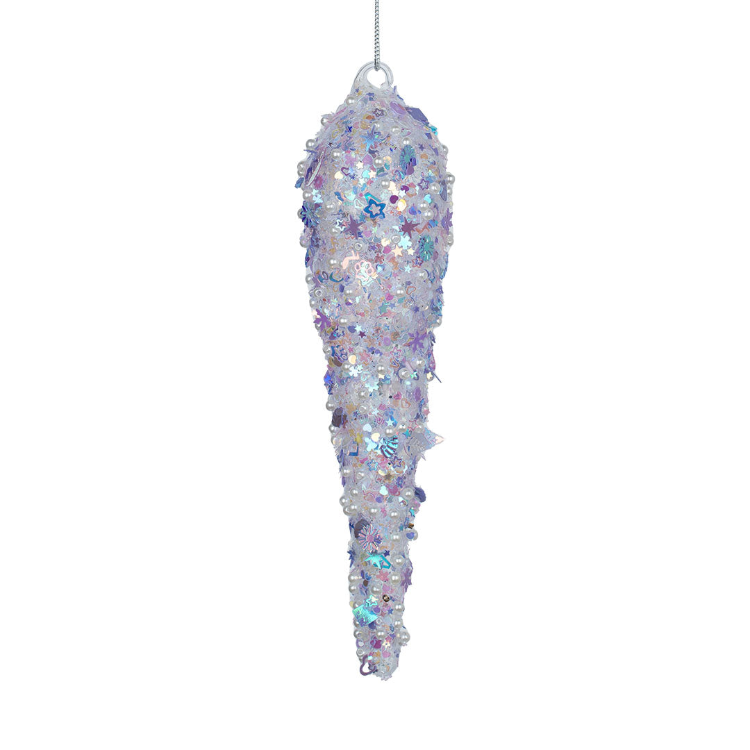 Iridescent Purple Festive Icicle Ornament with Iridescent Sequins Purple