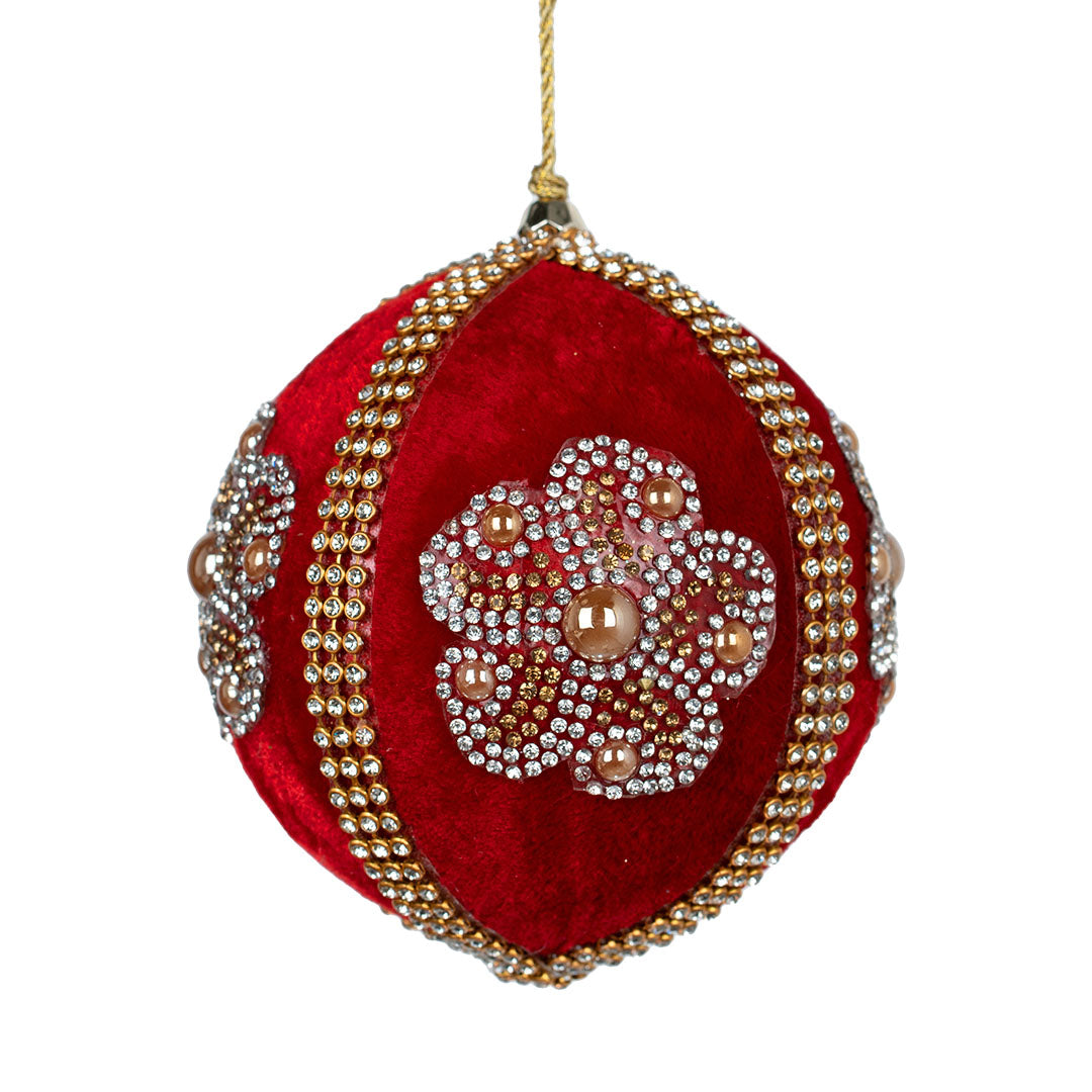 Red Velvet Ball Ornament with Gold Flower Patches Red