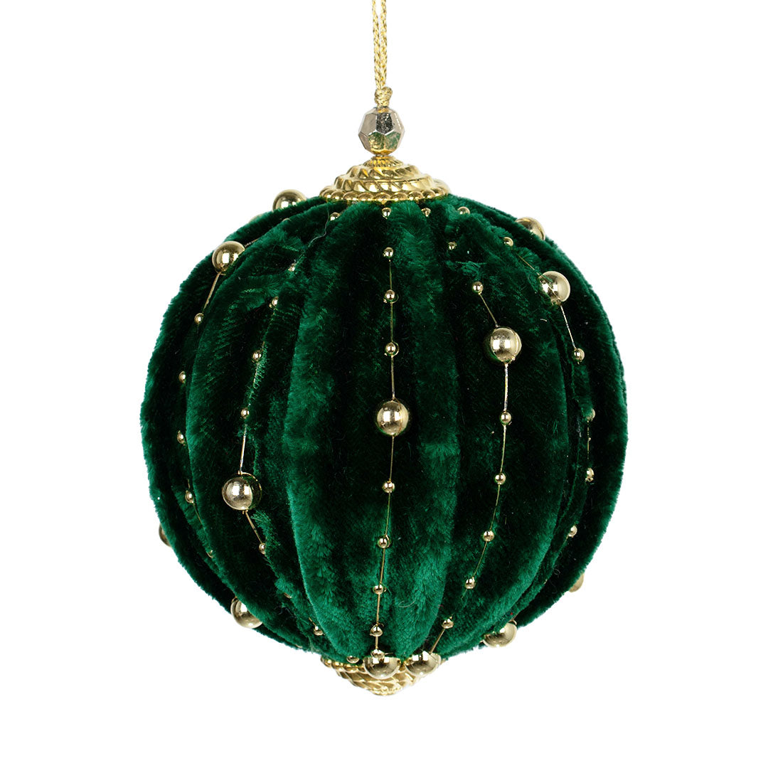 Green Velvet Ball Ornament with Gold trim Details Green