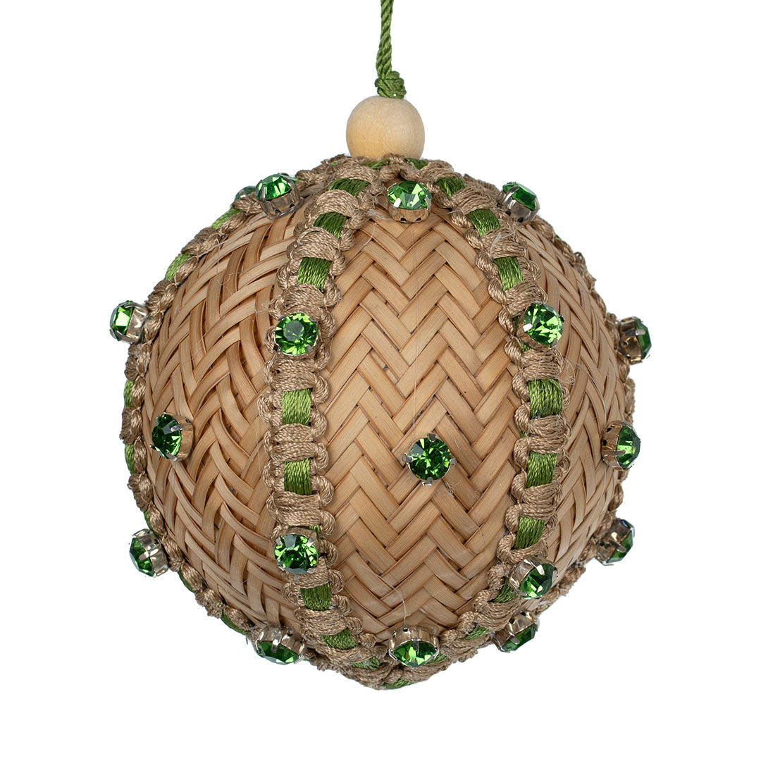 Natural Raffia Ball Ornament with Emerald Studs Natural/ Emerald