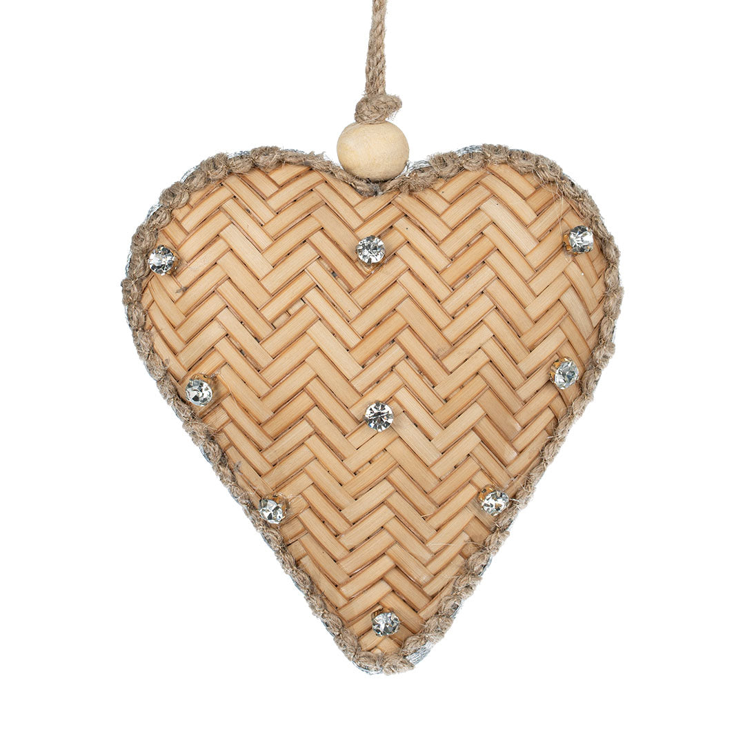 Natural Raffia Heart Ornament with Crystal Studs Natural/Crystal