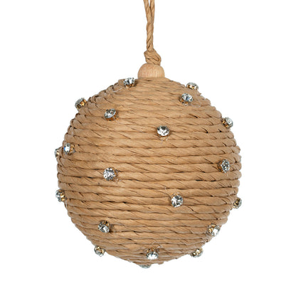 Natural Raffia Cord Ball Ornament with Crystal Studs Natural/ Crystal