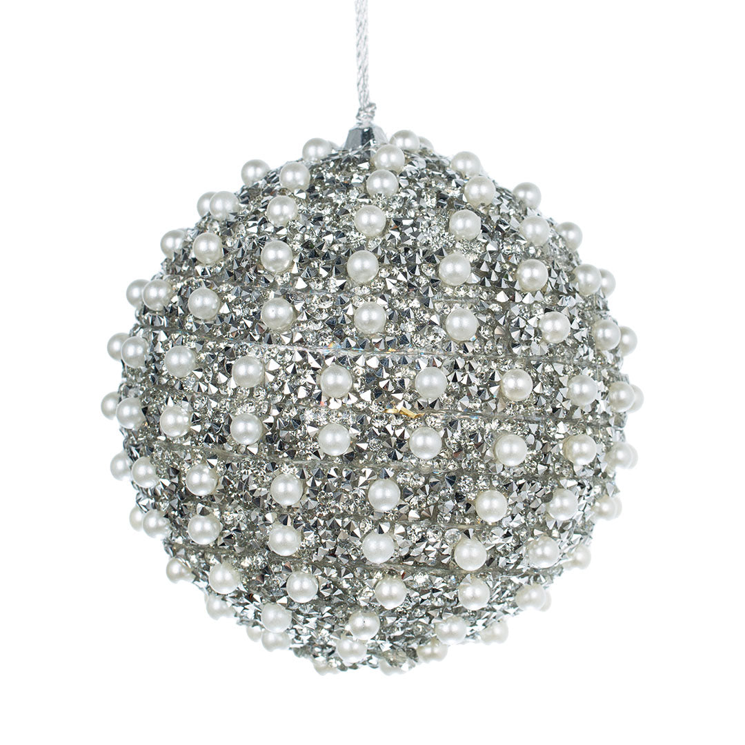 Silver Glitter Ball Ornament with Pearls Silver