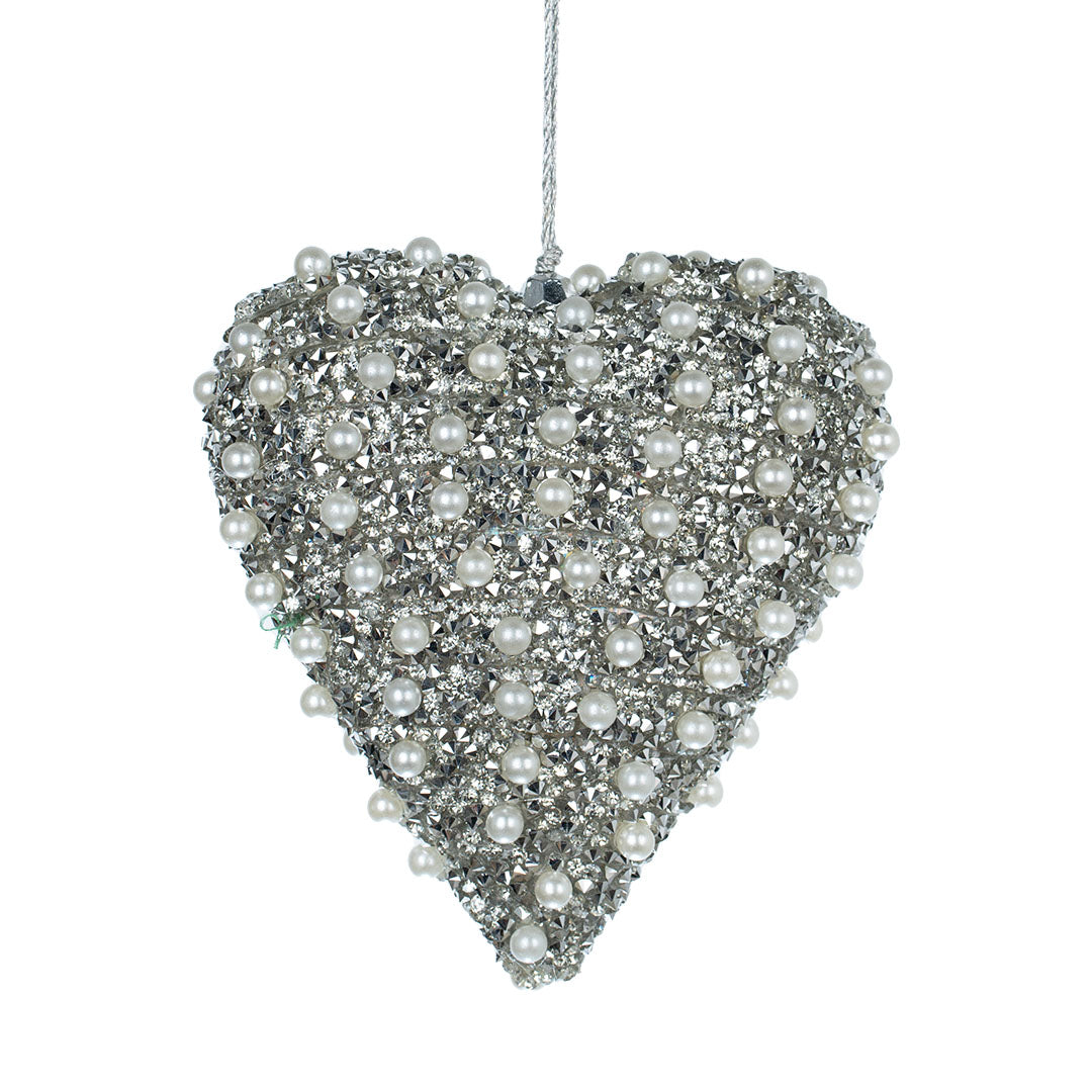 Silver Glitter Heart Ornament with Pearls Silver