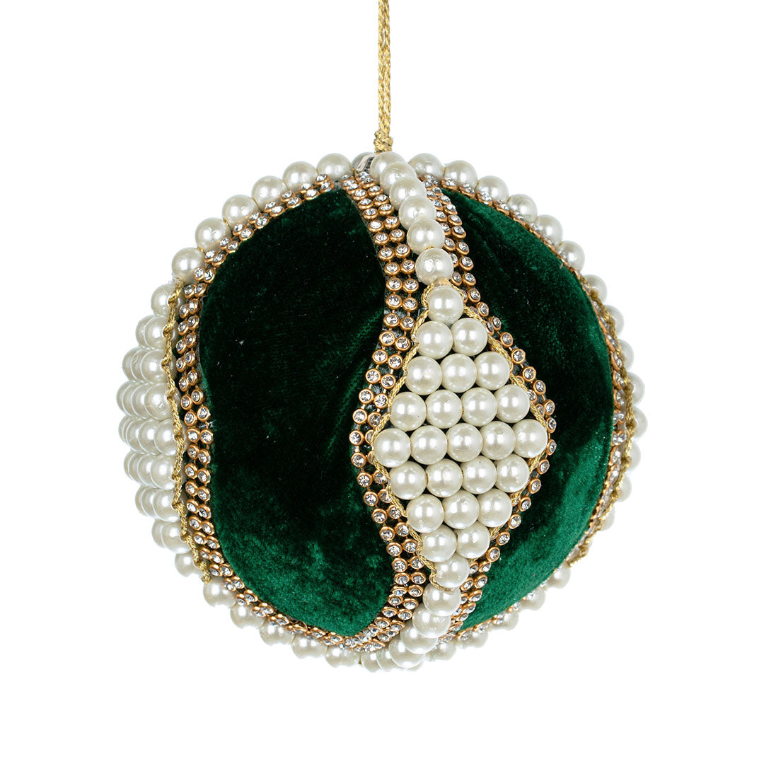 Green Velvet Ball Ornament with Pearls Green