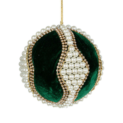 Green Velvet Ball Ornament with Pearls Green