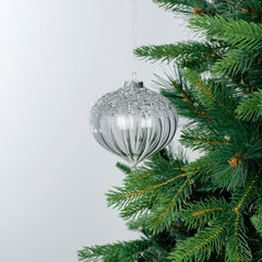 Black Ribbed Glass Onion Ornament with Silver Glitter - Joy By