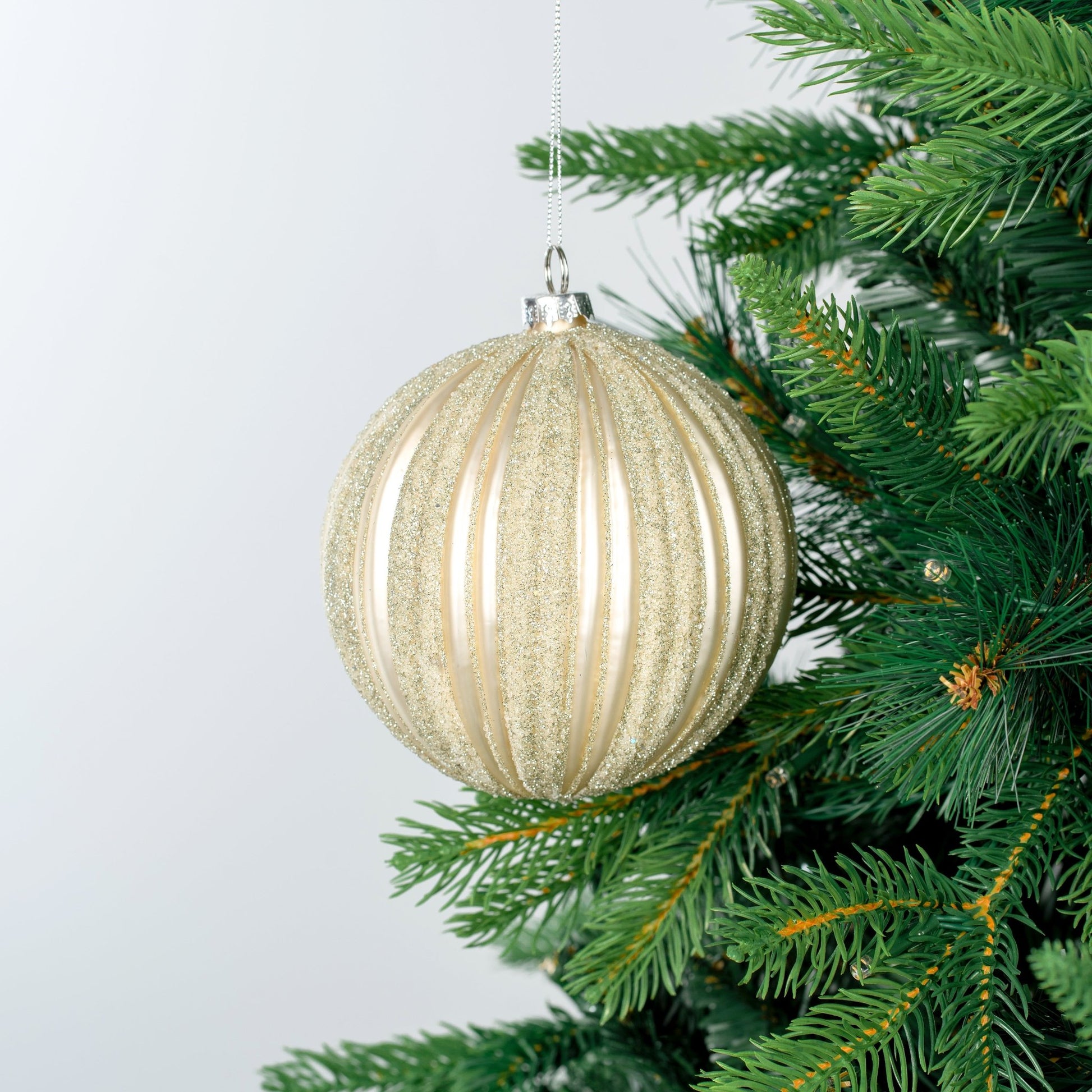 Champagne Ribbed Ball Ornament with Glitter - Joy By