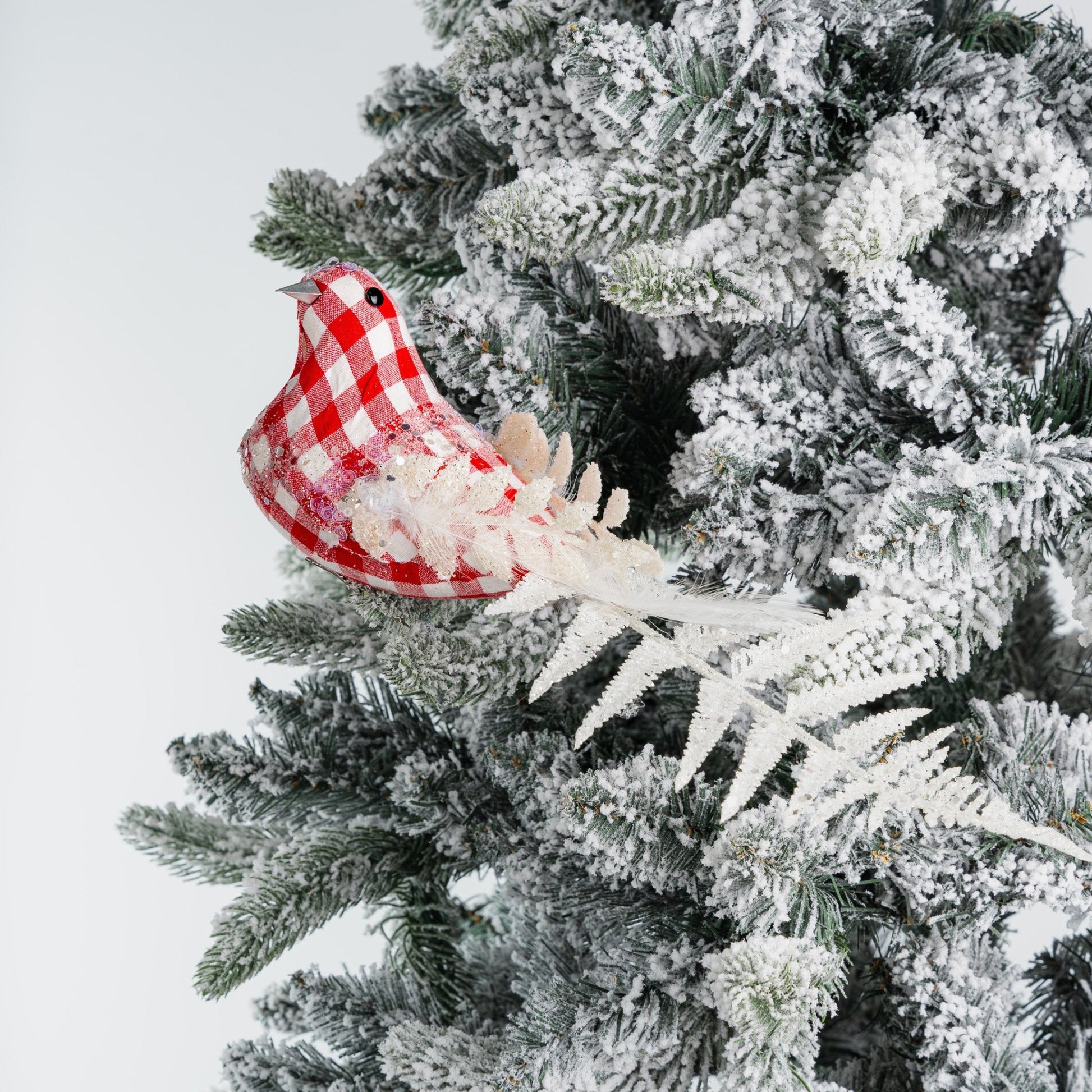 Checkered Red Bird Clip on Ornament - Joy By