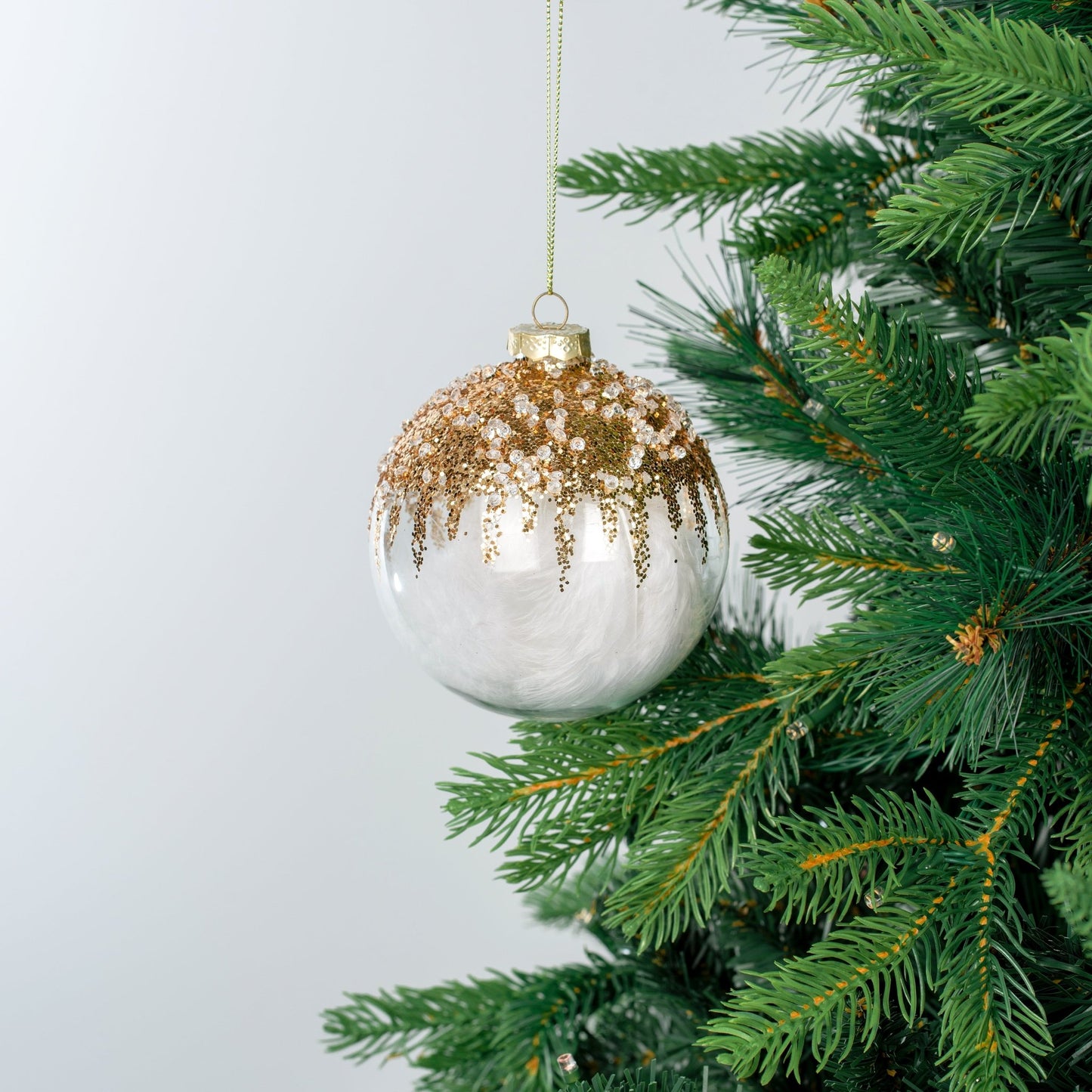 Clear Ball Ornament with Feather & Champagne Glitter - Joy By