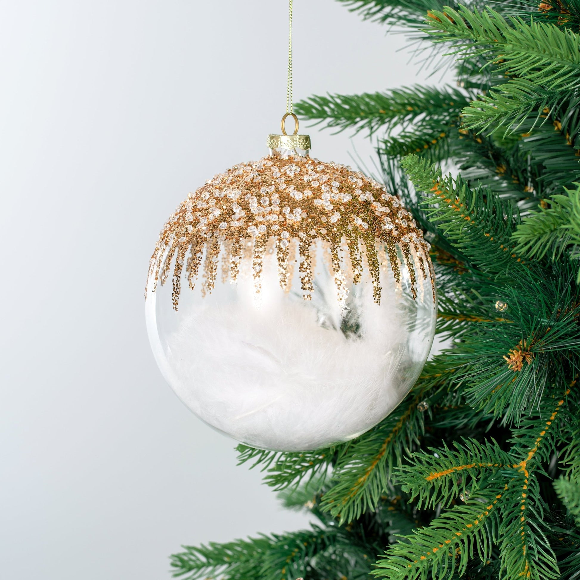 Clear Ball Ornament with Feather & Champagne Glitter - Joy By