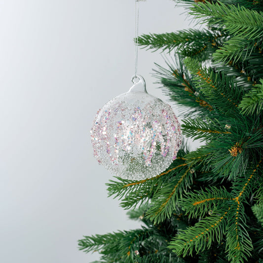 Clear Crystal Ball Ornament with Pink detailed Sugar Beads - Joy By