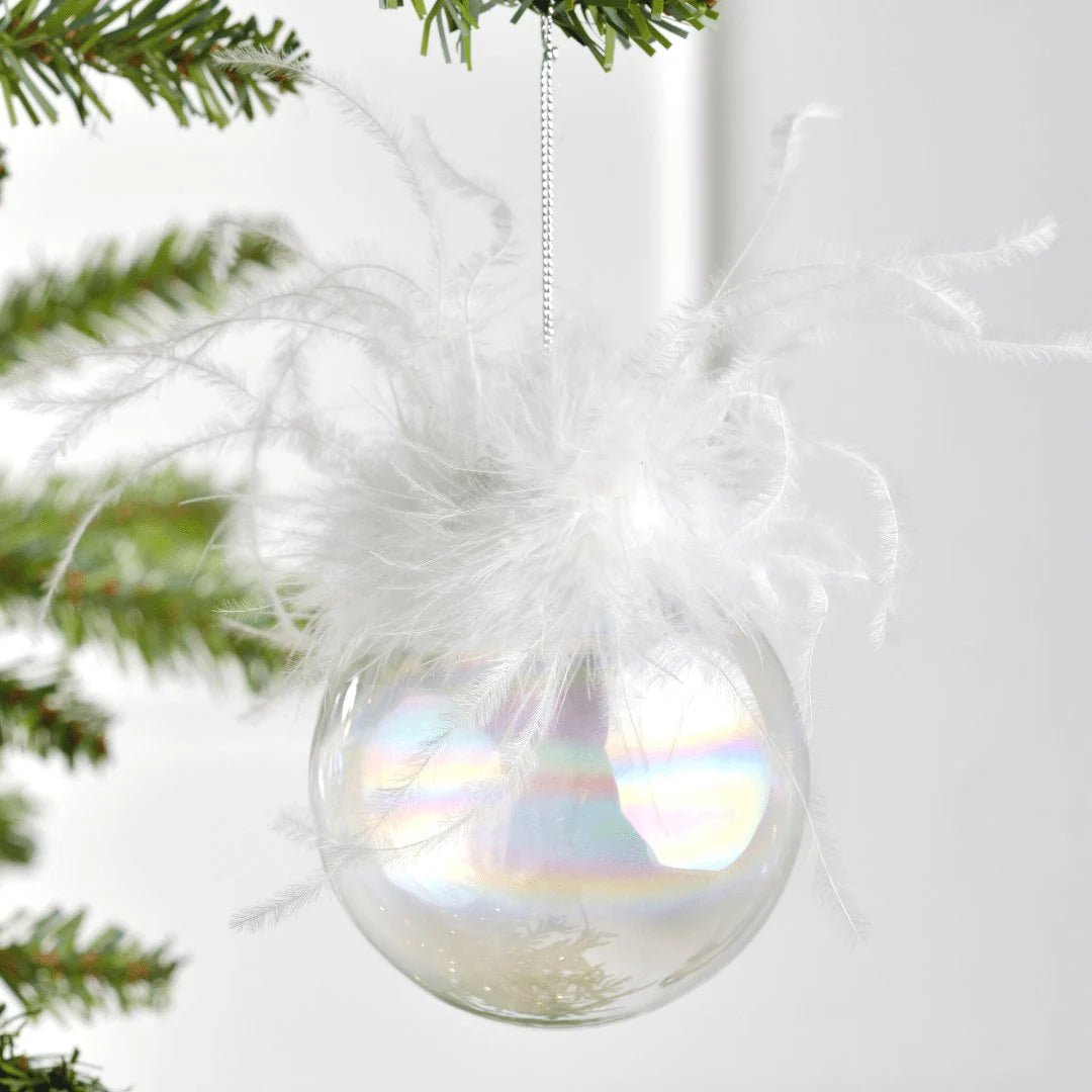 Clear Glass Ball Ornament with White Feather Top - 6" - Joy By