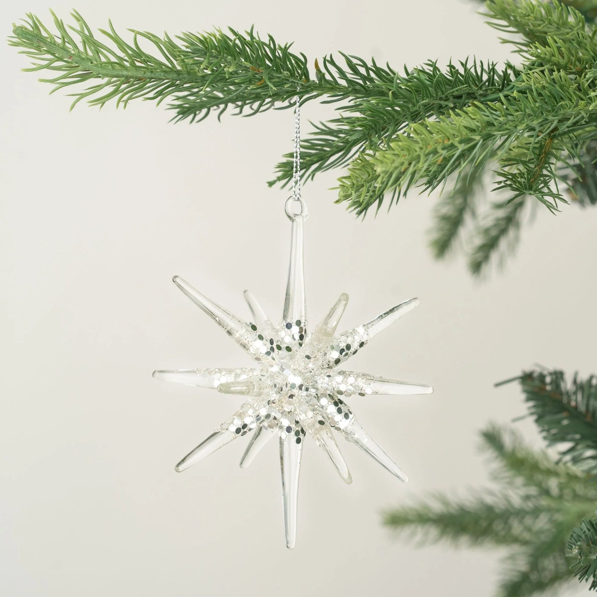 Clear Meteor Star Glass Ornament With Silver Glitter - Joy By