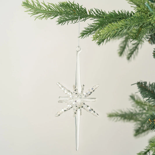 Clear Meteor Star Glass Ornament With Silver/White Glitter - Joy By