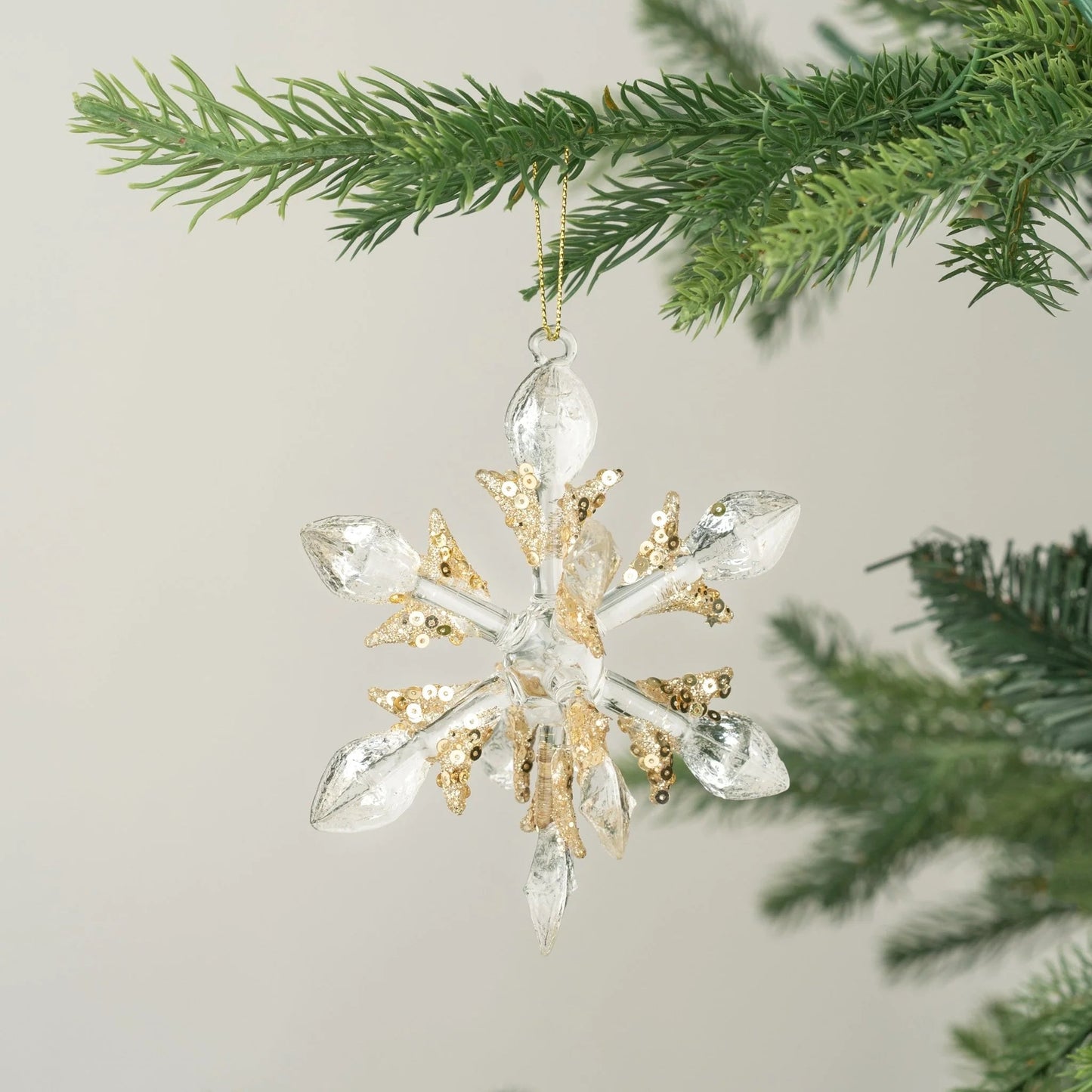 Clear Snowflake Glass Ornament With Gold Glitter - Joy By