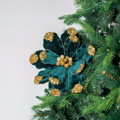 Emerald & Gold Velvet Magnolia Flower Pick - Joy By