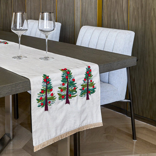 Festive Table Runner In Natural Cotton With Pompom Trim - Joy By