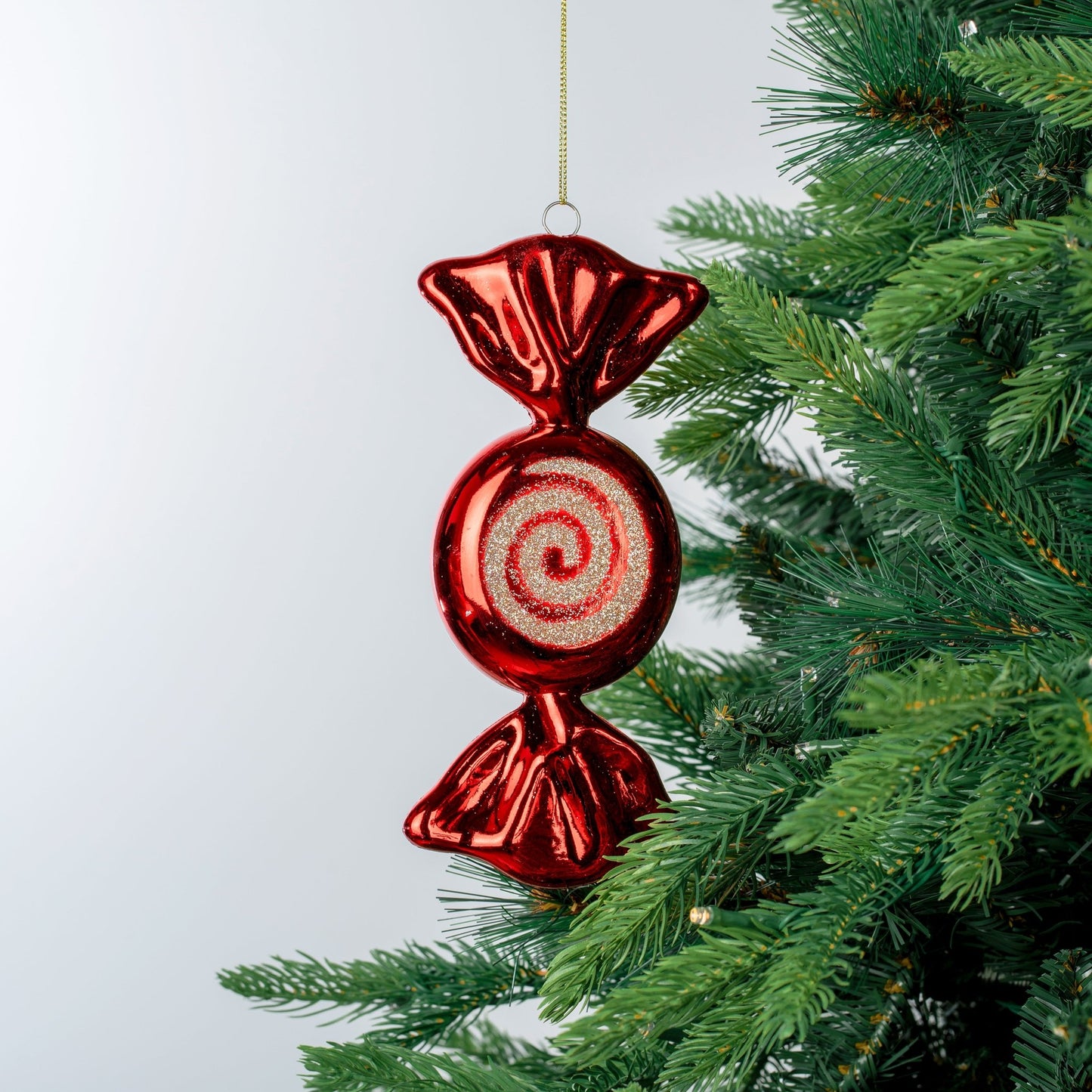 Flat Red & Champagne 7.5" Swirl Candy Ornament - Joy By