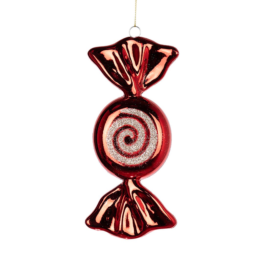 Flat Red & Champagne 7.5" Swirl Candy Ornament - Joy By