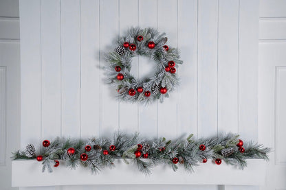 Flocked 24" Festive Foliage Wreath with Red Ornaments & Pinecones - Joy By