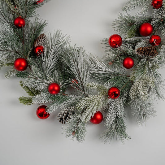 Flocked 72" Festive Foliage Garland with Red Balls & Pinecones - Joy By