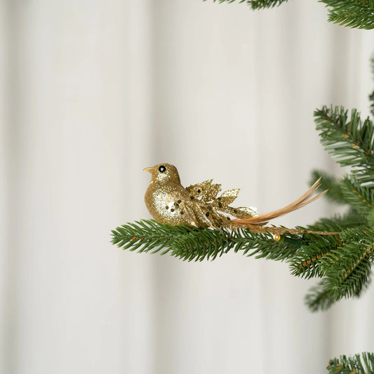 Gold Bird Clip - On Ornament With Glitter Tail & Feathers - Joy By