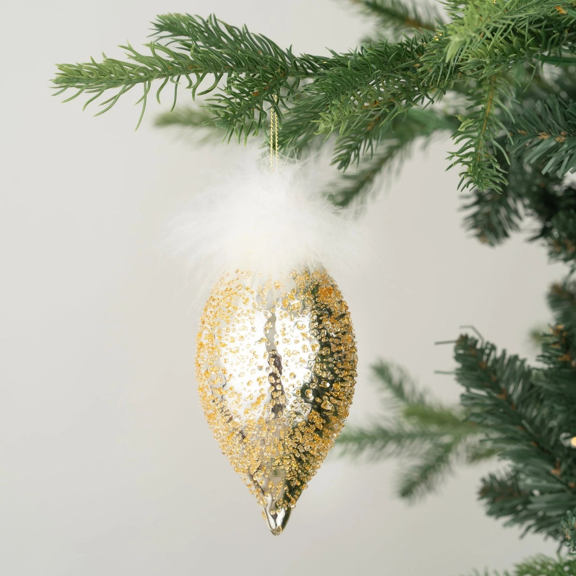 Gold Finial Ornament with White Feathers and Sugar Beads - Joy By