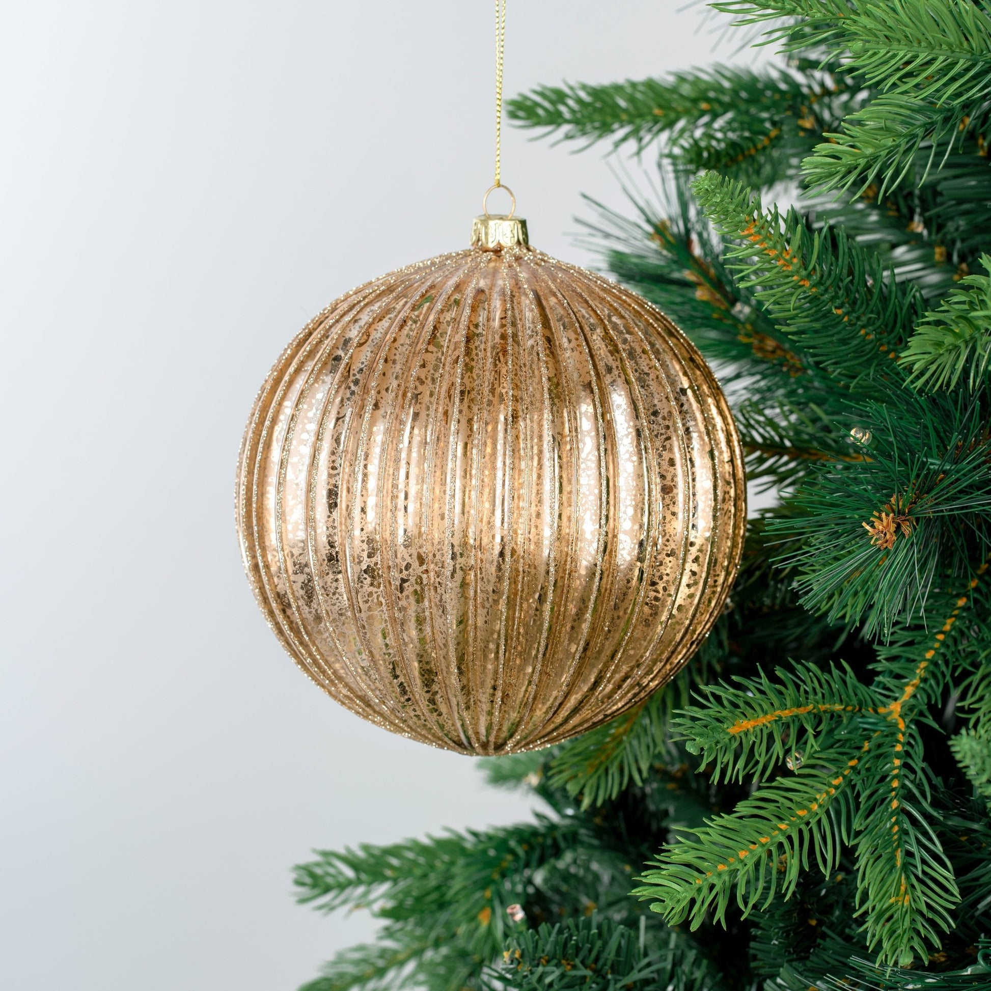 Gold Glitter - Gilded Ribbed Ball Ornament - Joy By